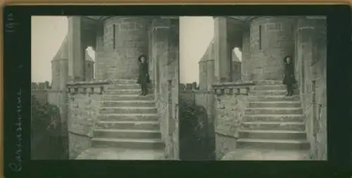 Stereo Foto Carcassonne Aude, Frau auf einer Treppe, Schloss