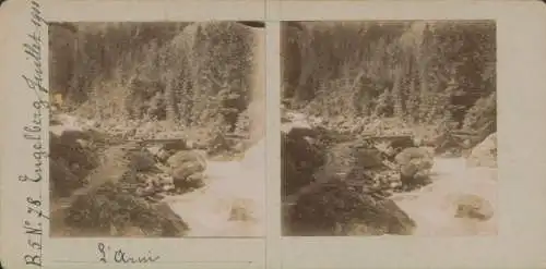 Stereo Foto Engelberg Kt. Obwalden Schweiz, Landschaft, Flusspartie, 1900