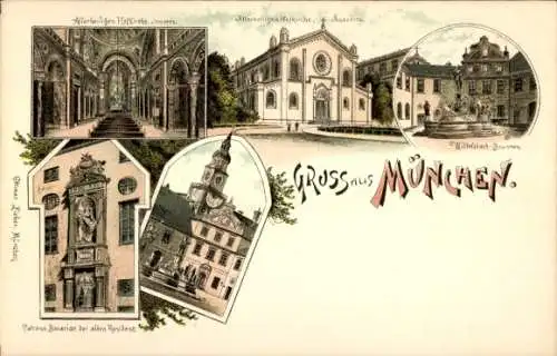 Litho München, Allerheiligen-Hofkirche, Residenz, Patrona Bavaria, Wittelsbach-Brunnen