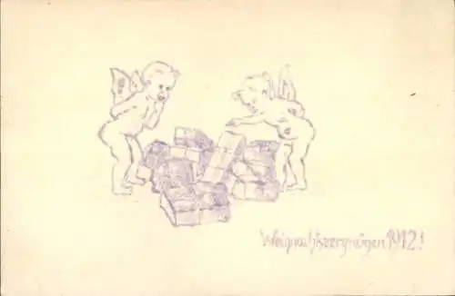 Handgemalt Ak Frohe Weihnachten 1912, Engel, Geschenke