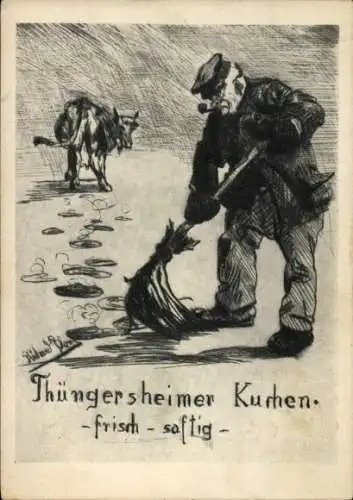 Künstler Ak Thüngersheimer Kuchen, Straßenkehrer, Rind, Wein, Reklame