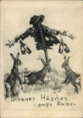 Künstler Ak Drhoner Häs'chen, große Blume, Wein, Reklame, Vogelscheuche, Hasen