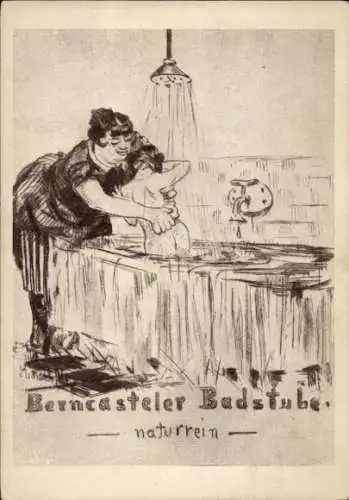 Künstler Ak Berncasteler Badstube, naturrein, Badewanne, Dusche, Wein, Reklame