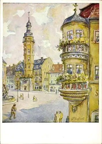 Künstler Ak Gera in Thüringen, Markt, Rathaus, Erker der Stadtapotheke