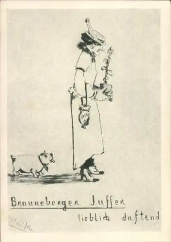 Künstler Ak Brauneberger Juffen, lieblich duftend, alte Jungfer, Hund, Wein, Reklame