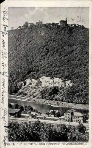 Ak Neckarsteinach in Hessen, Bahnhof, Dilsberg