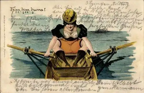 Litho Frau beim Rudern, Ruderboot, Unterwäsche