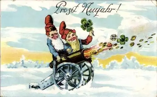 Präge Ak Glückwunsch Neujahr, Zwerge, Kanone, Goldmünzen, Kleeblätter, Herz