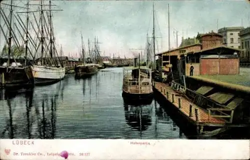 Ak Hansestadt Lübeck, Hafen, Segelschiffe, Dampfer