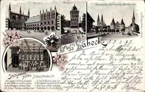 Litho Hansestadt Lübeck, Rathaus, Burgtor, Wappen, Holstentor, Marien- und Petrikirche, Hotel