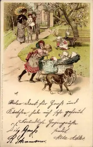 Litho Kinder im Park, Kinderwagen, Hund, Spaziergang, Sitzbank