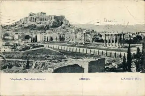 Ak Athen Griechenland, Stadtpanorama, Akropolis, Säulen, Parkanlagen