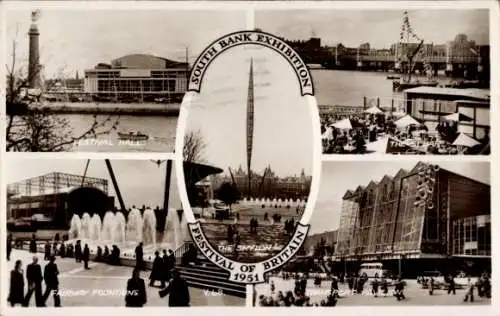 Ak South Bank London City, Ausstellung, Festival of Britain 1951, Festhalle, Brunnen, Verkehr