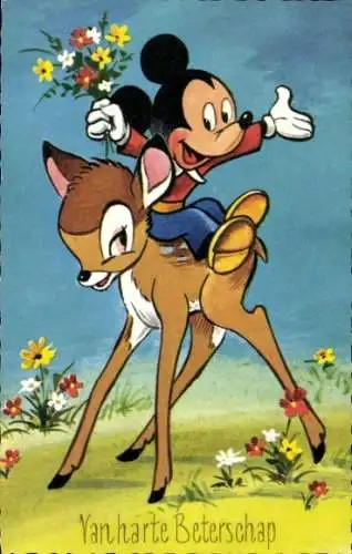 Ak Walt Disney, Micky Maus, Bambi, Blumen