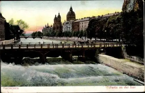 Ak München, Partie an der Isar, Brücke, Kirche