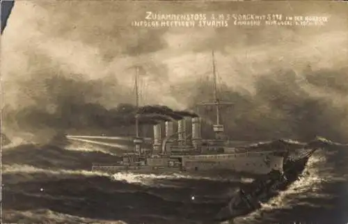 Ak Deutsche Kriegsschiffe, Zusammenstoß SMS Yorck und S 178 in der Nordsee, Sturm, März 1913