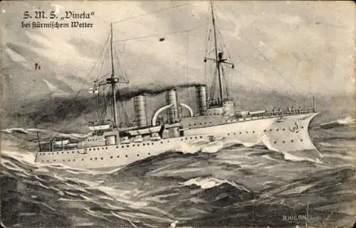 Künstler Ak Kilian, R., Deutsches Kriegsschiff, SMS Vineta, bei stürmischem Wetter