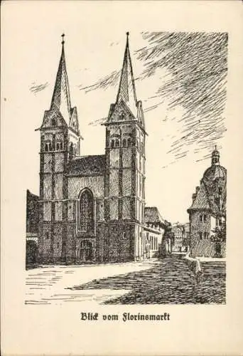 Künstler Ak Koblenz am Rhein, Florentinskirche, Blick vom Florinsmarkt