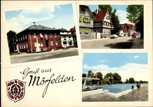 Ak Mörfelden Walldorf in Hessen, Wappen, Brunnen, Fachwerkhaus, Freibad