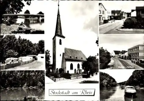 Ak Stockstadt am Rhein Hessen, Kirche, Rheinstraße, Rathaus, Campingplatz