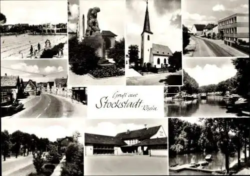 Ak Stockstadt am Rhein Hessen, Kirche, Rathaus, Campingplatz, Denkmal, Freibad