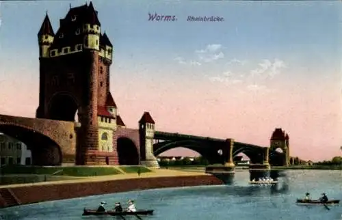 Ak Worms am Rhein, Rheinbrücke, Ruderboote