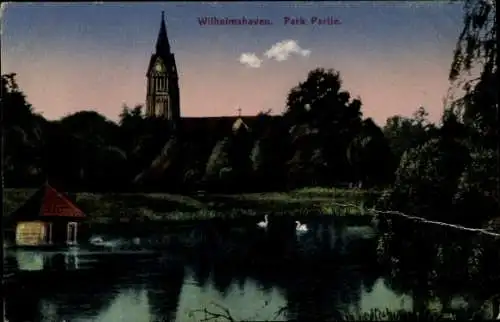 Ak Wilhelmshaven an der Nordsee, Park, Abendansicht, Kirche