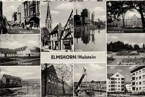 Ak Elmshorn in Holstein, Hafen, Lyzeum, Freibad, Rosengarten, Kolpinghaus, Kreisberufsschule