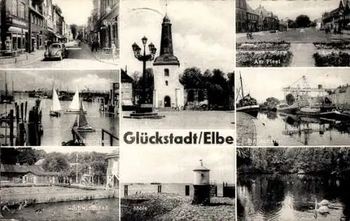 Ak Glückstadt an der Elbe, Kirche, Außenhafen, Schwimmbad, Mole, Binnenhafen, Fleet