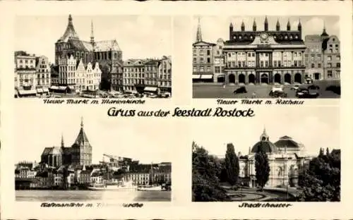 Ak Hansestadt Rostock, Stadttheater, Neuer Markt, Rathaus, Marienkirche, Hafeneinfahrt