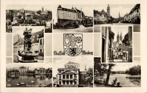 Ak Altenburg in Thüringen, Wappen, Skatstadt, Schloss, Skatbrunnen, Markt, Landestheater