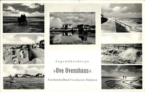 Ak Duhnen Cuxhaven, Jugendherberge Ove Ovenshaus, Pferdekutsche, Brandung, Strand