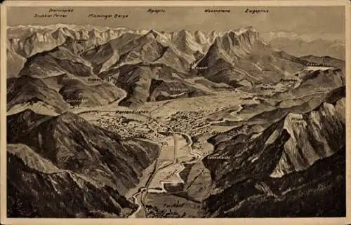 Ak Garmisch Partenkirchen in Oberbayern, Totalansicht mit Gebirgen, Alpspitz, Zugspitze