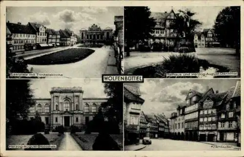 Ak Wolfenbüttel, Saarplatz, Rathaus, Krambuden, Trinitatiskirche, Herzog August Denkmal, Bibliothek