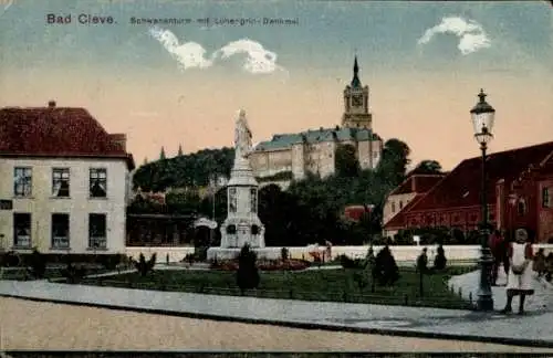 Litho Kleve am Niederrhein, Schwanenturm mit Lohengrin Denkmal