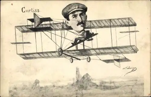 Künstler Ak Luftfahrtpionier Glenn Curtiss, Doppeldecker