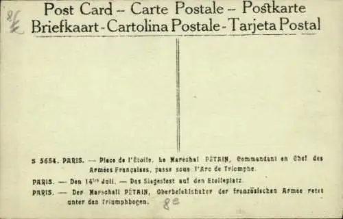 Ak Paris VIII., Marschall Petain, Oberbefehlshaber der französischen Armee, Triumphbogen