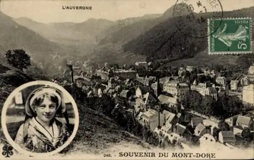 Ak Le Mont Dore Puy de Dôme, Panorama, Frau in Tracht