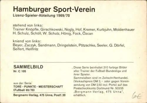 Sammelbild Fußball, Hamburger Sport Verein 1969/1970, Trainer Knöpfle, Girschkowski