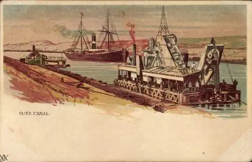 Litho Suez Ägypten, Bagger auf dem Suez Kanal, Dampfer