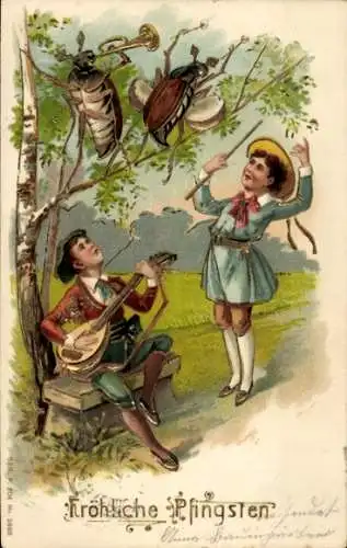 Präge Litho Glückwunsch Pfingsten, Musizierende Kinder und Maikäfer