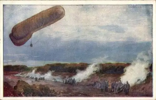 Künstler Ak Schulze, Hans Rudolf, Fesselballon der Deutschen Luftflotte im I. WK, Artillery