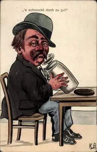 Künstler Ak 's schmeckt doch zu gut, betrunkener Mann mit Bierkrug