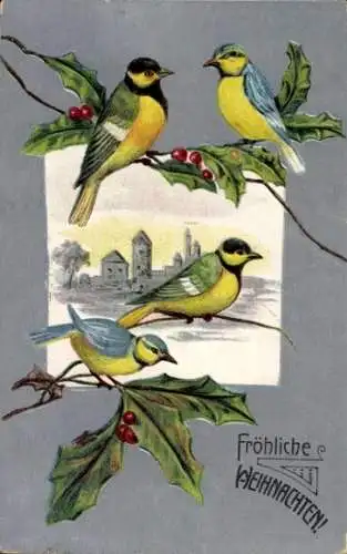 Ak Glückwunsch Weihnachten, Vögel auf Stechpalmenzweigen