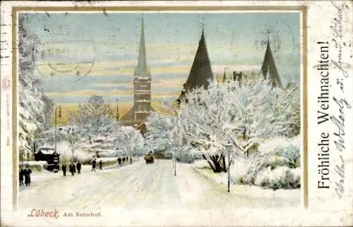 Ak Hansestadt Lübeck, Am Bahnhof, Winter, Frohe Weihnachten