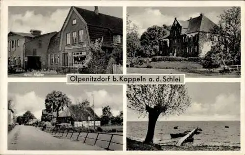 Ak Olpenitzdorf Kappeln an der Schlei, Geschäft Arno Müller, Dorfpartie, Steg