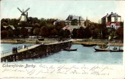 Litho Eckernförde Borby, Blick auf die Stadt, Seebrücke