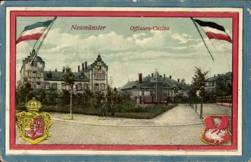 Passepartout Ak Neumünster in Holstein, Offiziers-Casino, Wappen, Flaggen