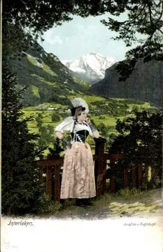 Ak Interlaken Kt. Bern Schweiz, Jungfrau von Rugenhügel, Frau in Tracht