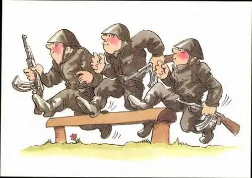 10 alte Ak Karikatur NVA, im passenden Heft, diverse Motive